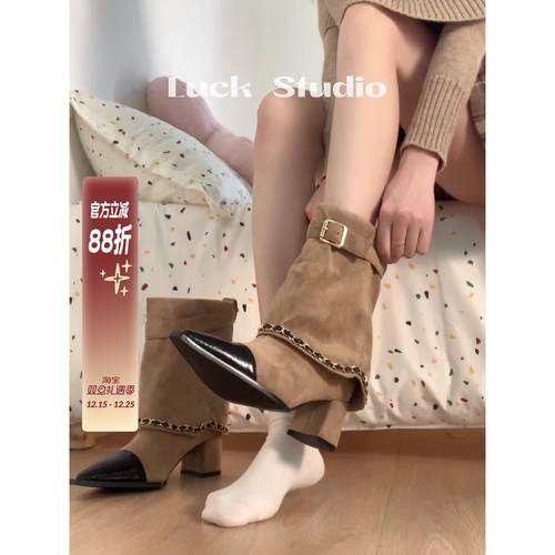 幸运说~法式轻奢时髦高跟短靴女拼接皮带扣金属链条裤管靴秋冬款