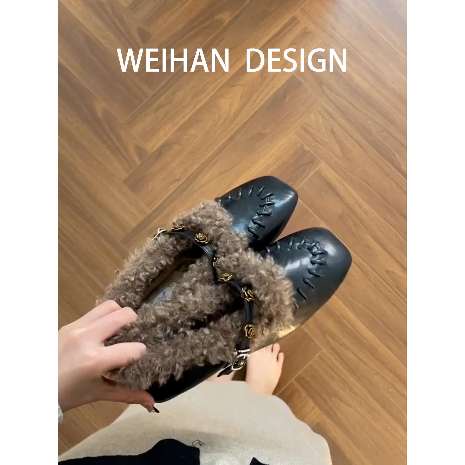 羊皮版！复古方头一字扣玛丽珍鞋羊羔毛一体单鞋内增高加绒毛毛鞋