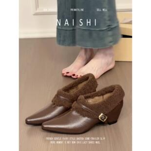羊皮版！复古高级感乐福毛毛鞋一脚蹬粗跟通勤棉鞋保暖羊羔毛单鞋