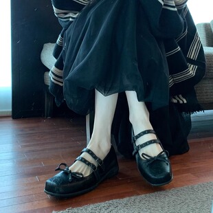 超软小羊皮！黑色玛丽珍鞋法式软底小皮鞋方头浅口双扣带芭蕾单鞋