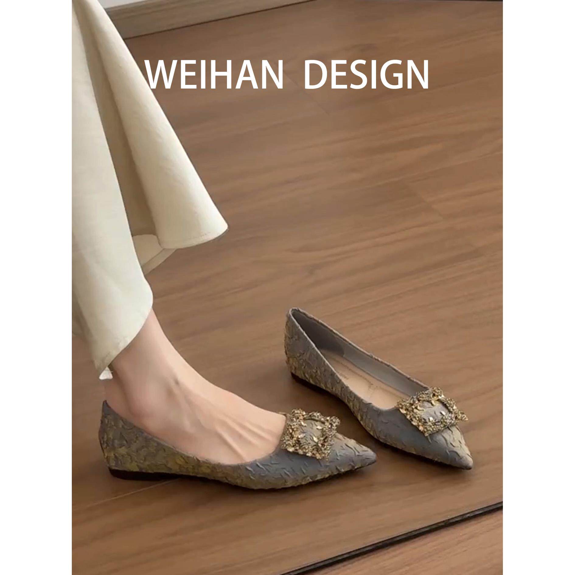 羊皮版！法式尖头绝美水钻单鞋女小众高级设计感配裙子浅口平底鞋