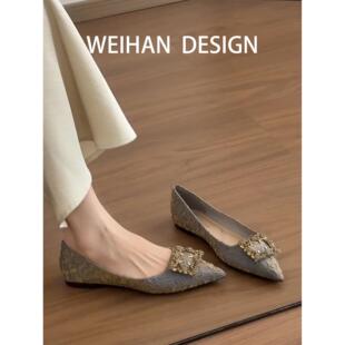 羊皮版！法式尖头绝美水钻单鞋女小众高级设计感配裙子浅口平底鞋