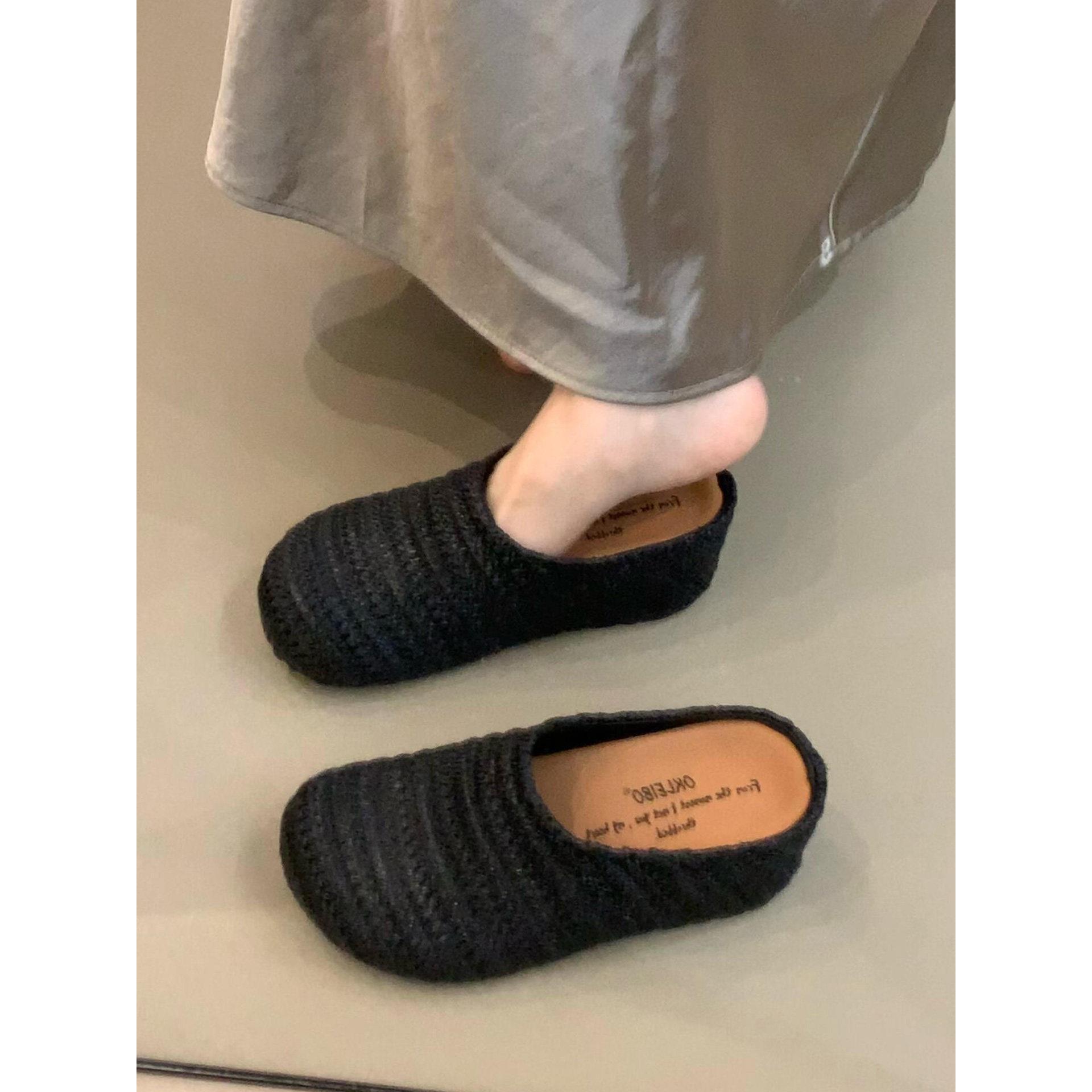 羊皮版！编织包头半拖鞋女夏外穿透气麻绳内增高勃肯鞋软平底厚底