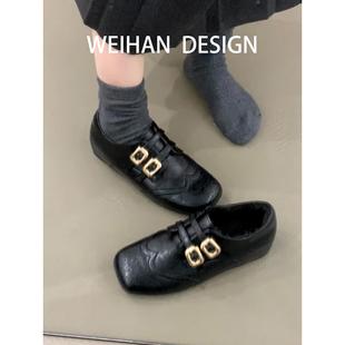 羊皮版！内增高方头加绒乐福鞋女英伦风布洛克小皮鞋复古平底棉鞋