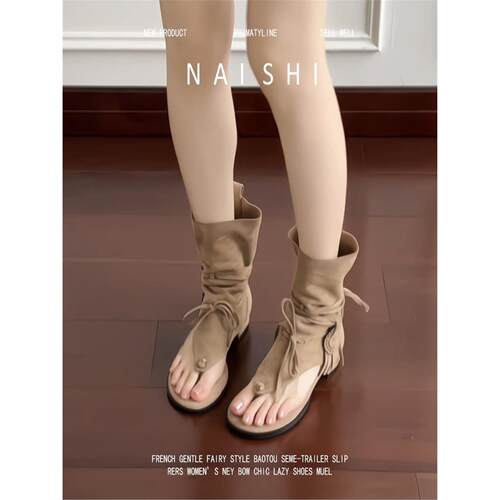 羊皮版！复古流苏绑带夹趾凉靴女美拉德短筒西部靴罗马人字凉鞋