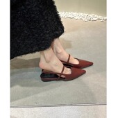 晚风尖头玛丽珍鞋 羊皮版 女平底一字带后空包头凉鞋 气质单鞋 法式