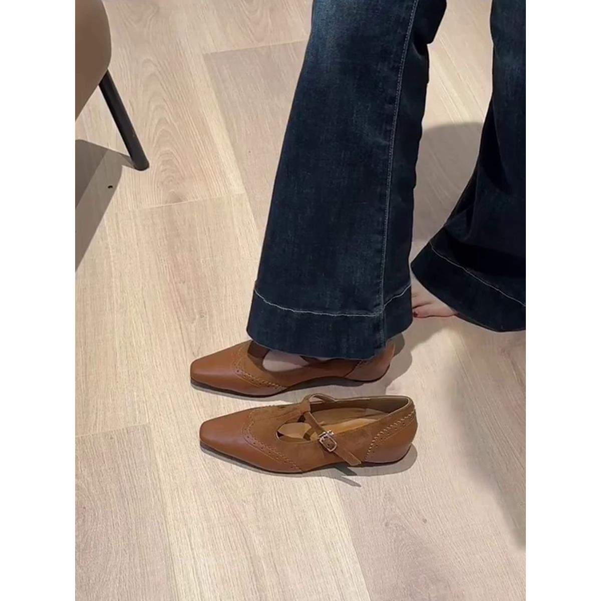 羊皮版~复古绒面拼接浅口内增高单鞋女通勤鞋气质T字扣带玛丽珍鞋