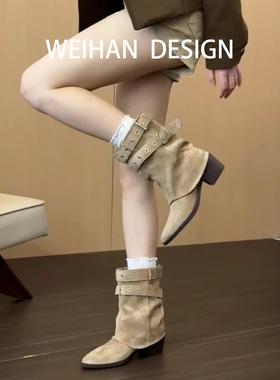 羊皮版！尖头皮带扣裤管靴女粗跟西部牛仔靴绒面堆堆靴美拉德短靴