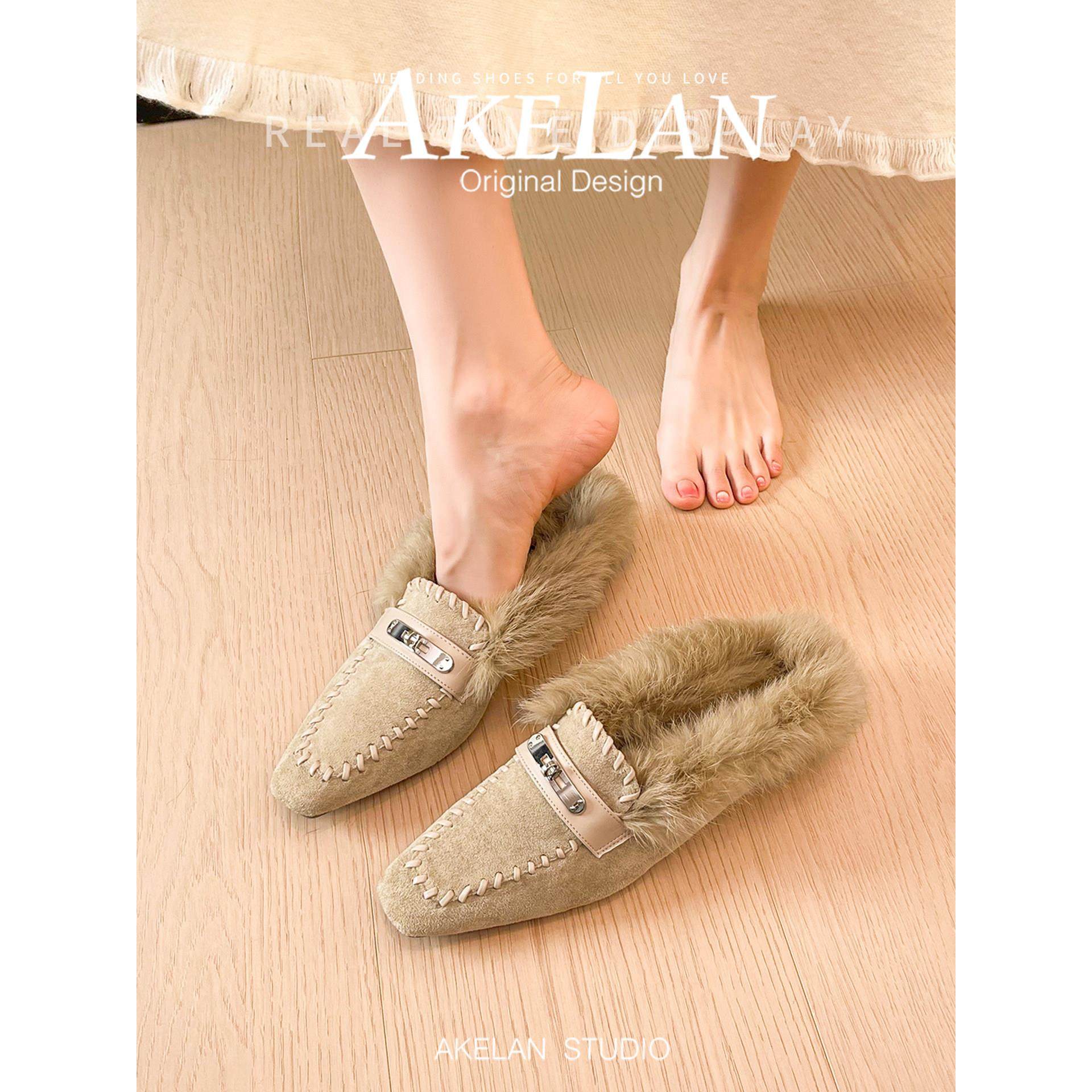 羊皮版~法式金属扣方头毛毛拖鞋女秋冬外穿内增高兔毛包头半拖鞋,女鞋,毛毛鞋,淘宝优惠券,粉丝福利购,淘宝优惠卷