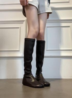 牛皮版~长筒靴女复古简约后拉链弹力瘦瘦靴内增高圆头显瘦时装靴