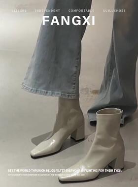 2025年新款秋冬白色显瘦方头切尔西靴子弹力高跟短靴女粗跟瘦瘦靴