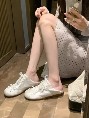 羊皮版~芭蕾风甜妹圆头缎面蝴蝶结休闲鞋子女2026新款德训鞋单鞋