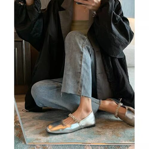 羊皮版~法式方头银色玛丽珍鞋女