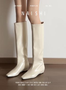 羊皮版！韩版气质高筒靴女方头宽筒骑士靴白色瘦瘦靴坡跟长筒靴
