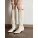 羊皮版 气质高筒靴女方头宽筒骑士靴白色瘦瘦靴坡跟长筒靴 韩版