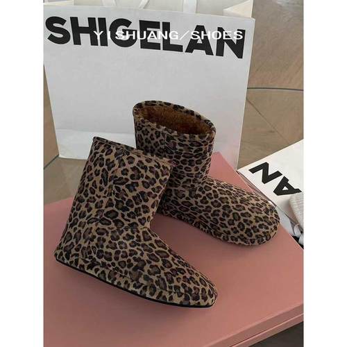 牛皮！雪地靴女款复古时髦辣妹风豹纹圆头套筒百搭平底巨好看短靴