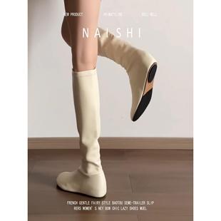 羊皮版！法式软皮弹力瘦瘦靴内增高圆头骑士靴百搭白色长筒靴女