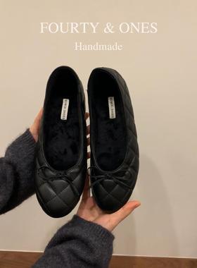 牛皮版~法式格子纹蝴蝶结单鞋女浅口圆头奶奶鞋芭蕾风保暖毛毛鞋