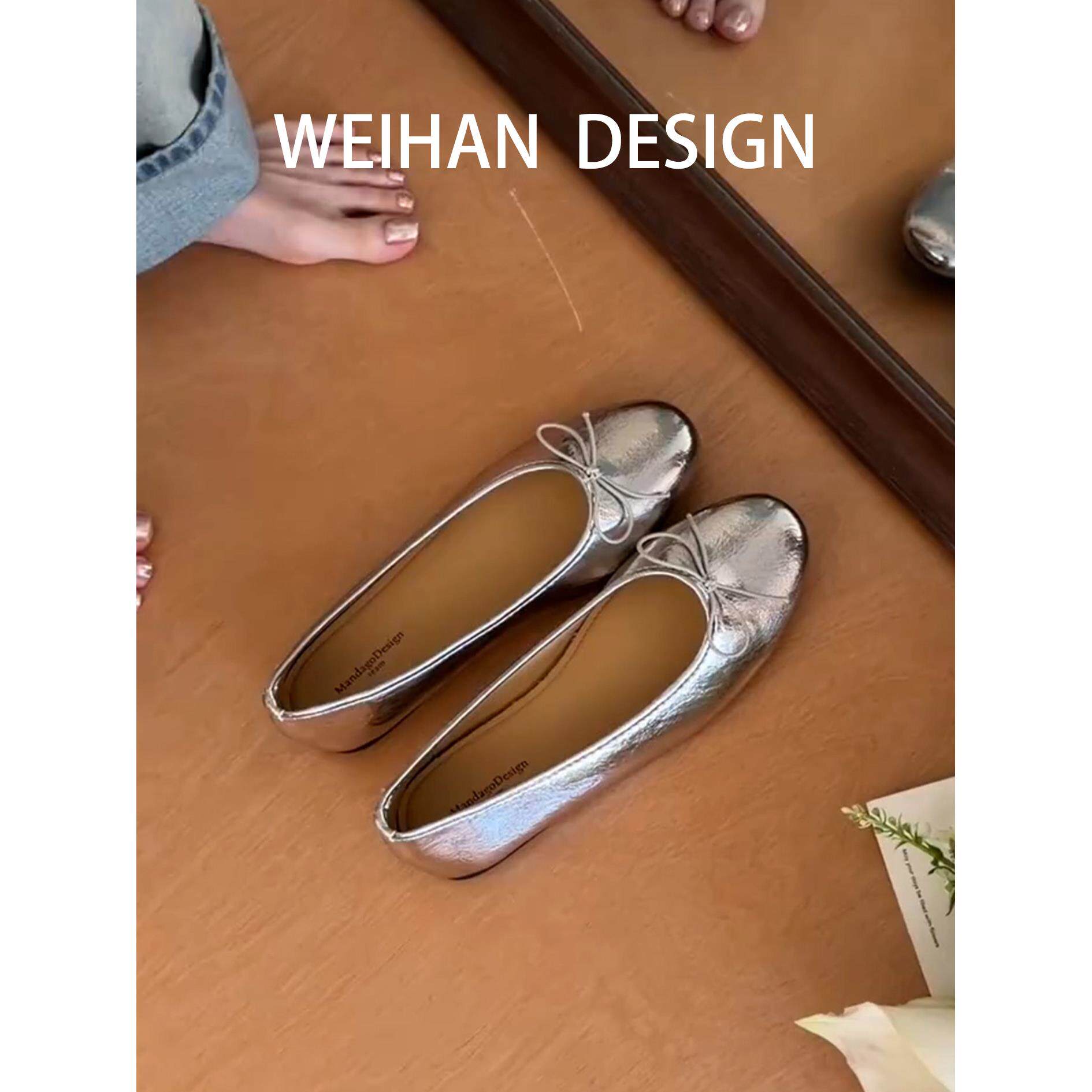 羊皮版!法式银色蝴蝶结平底浅口单鞋女圆头一脚蹬芭蕾风玛丽珍鞋