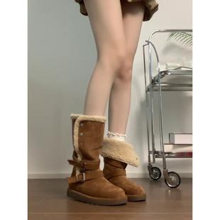 两穿靴子 高筒骑士毛毛靴子保暖复古时尚 羊皮版 加绒雪地靴女冬季