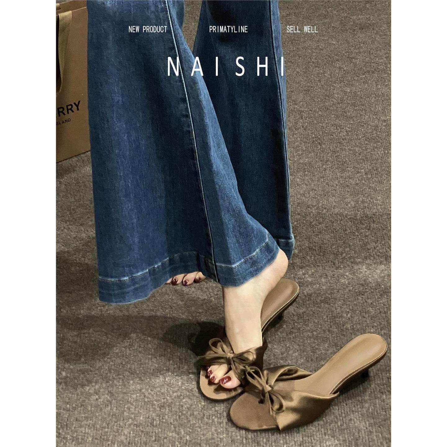 羊皮版！法式绸缎凉拖鞋女外穿蝴蝶结露趾高跟鞋小猫跟一字拖鞋,女鞋,一字拖,淘宝优惠券,粉丝福利购,淘宝优惠卷