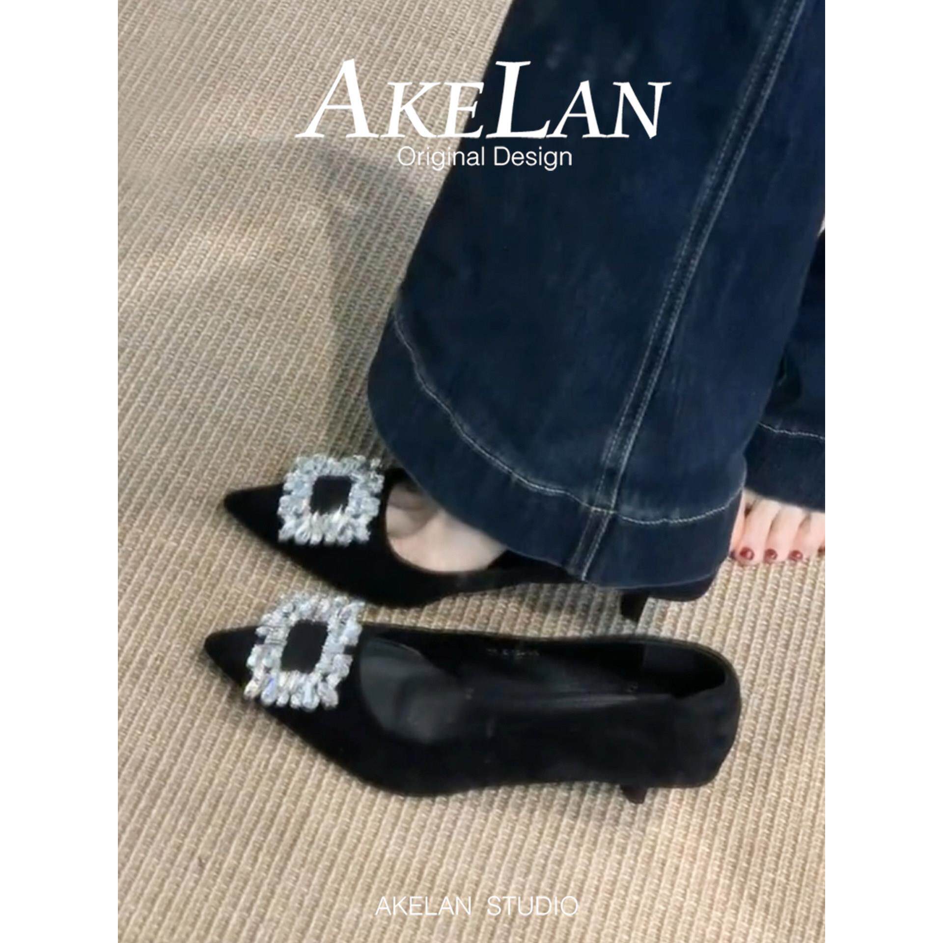 羊皮版~法式绒面尖头浅口单鞋女春秋水钻方扣黑色通勤细跟高跟鞋