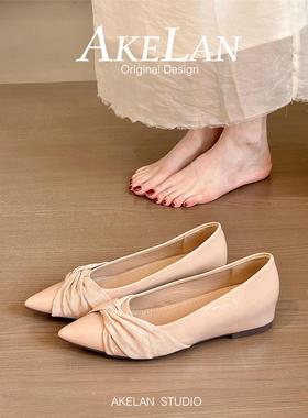 羊皮版~法式内增高裸色尖头浅口单鞋女配裙子平底晚风小个子瓢鞋