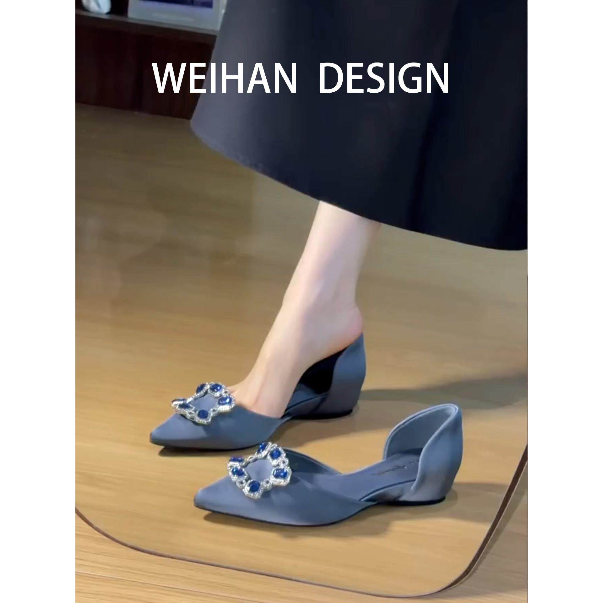 羊皮版！绝美尖头中空平底凉鞋女内增高单鞋水钻方扣浅口瓢鞋外穿