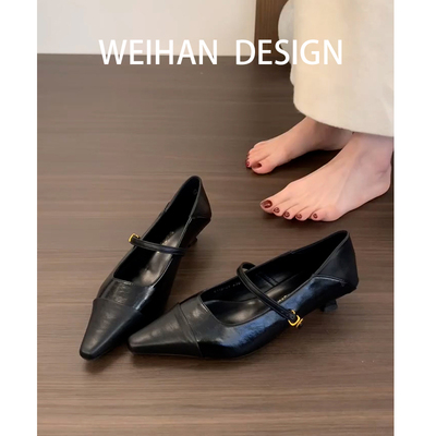 羊皮版！法式气质单鞋女尖头细跟复古一字扣带尖头玛丽珍鞋奶奶鞋