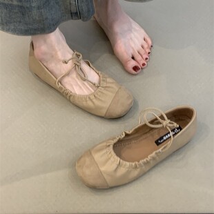 羊皮版！复古褶皱软皮小众浅口单鞋女新款法式气质百搭平底玛丽珍