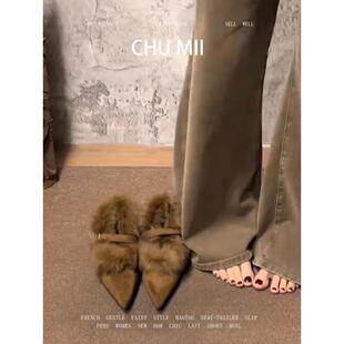 羊皮版！加绒保暖坡跟毛毛鞋女复古棕色高跟鞋尖头一字带百搭单鞋