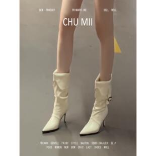 羊皮版~时尚尖头细跟堆堆靴女高跟骑士靴流苏短筒设计感气质短靴