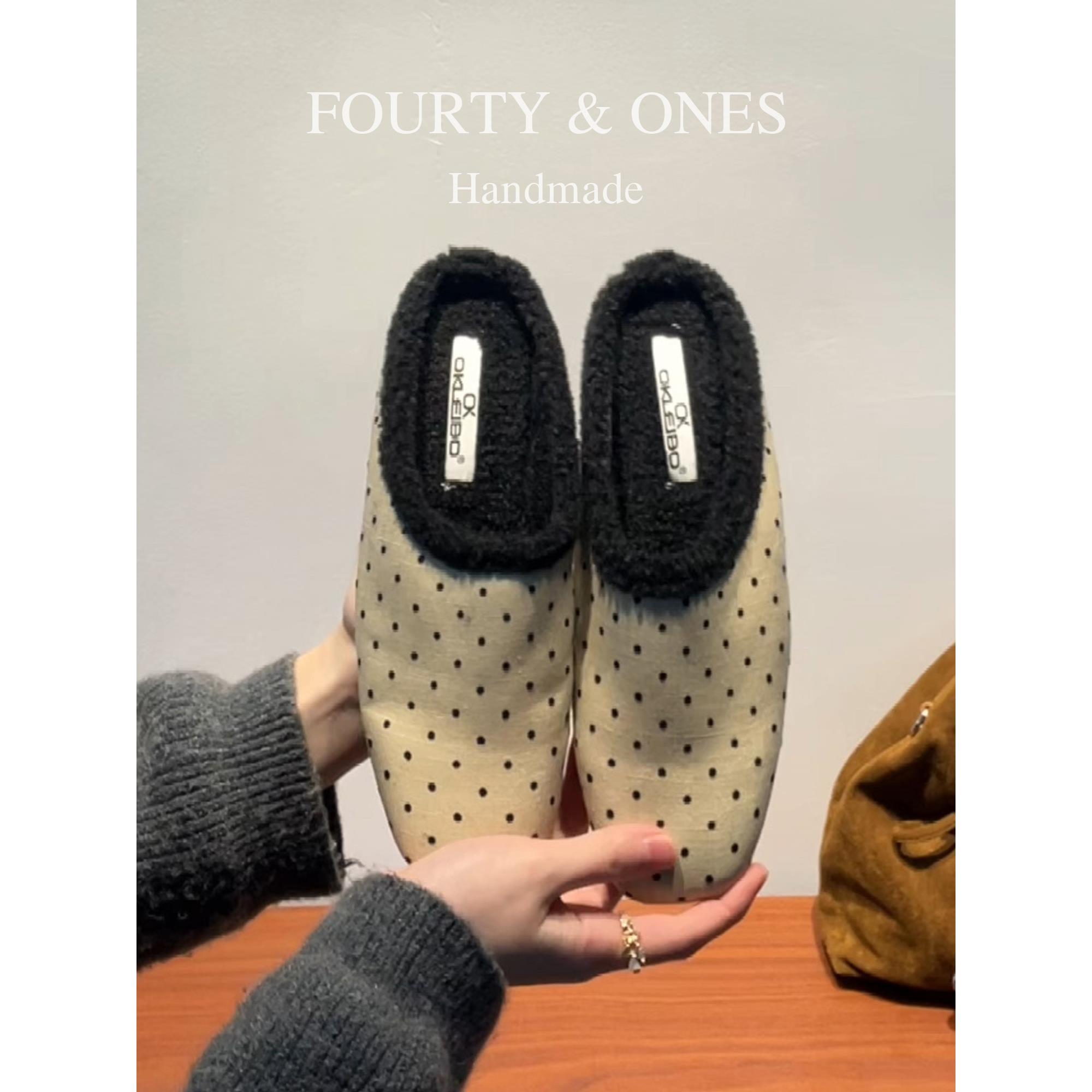 羊毛版~毛毛波点穆勒鞋女冬一脚蹬懒人包头拖鞋保暖加绒外穿拖鞋