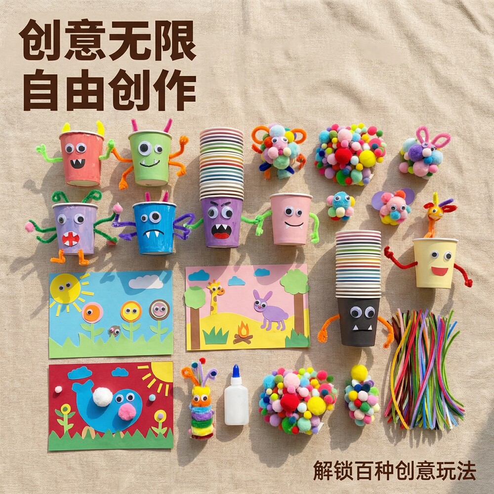 幼儿园手工材料包扭扭棒纸杯眼睛儿童DIY手工制作卡通形象毛球新