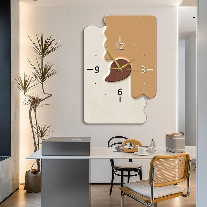 餐厅装饰画带时钟现代简约饭厅背景墙挂画轻奢创意色块造型钟表画图片
