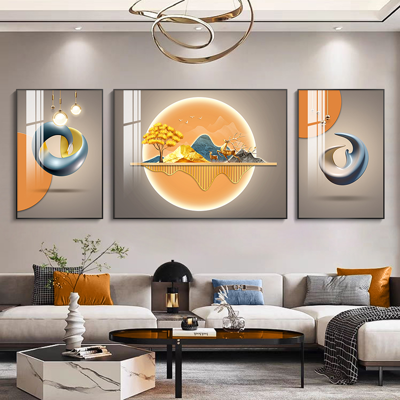 定做客大厅饰简画墙现约福鹿壁三联画沙发背装景挂画轻奢气代几何