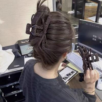 高级复古美拉德咖色蝴蝶结豹纹抓夹大号韩国鲨鱼夹女后脑勺盘发夹