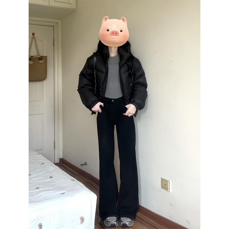 黑色短款羽绒服外套女2024冬季新款宽松立领小个子加厚白鸭绒外套