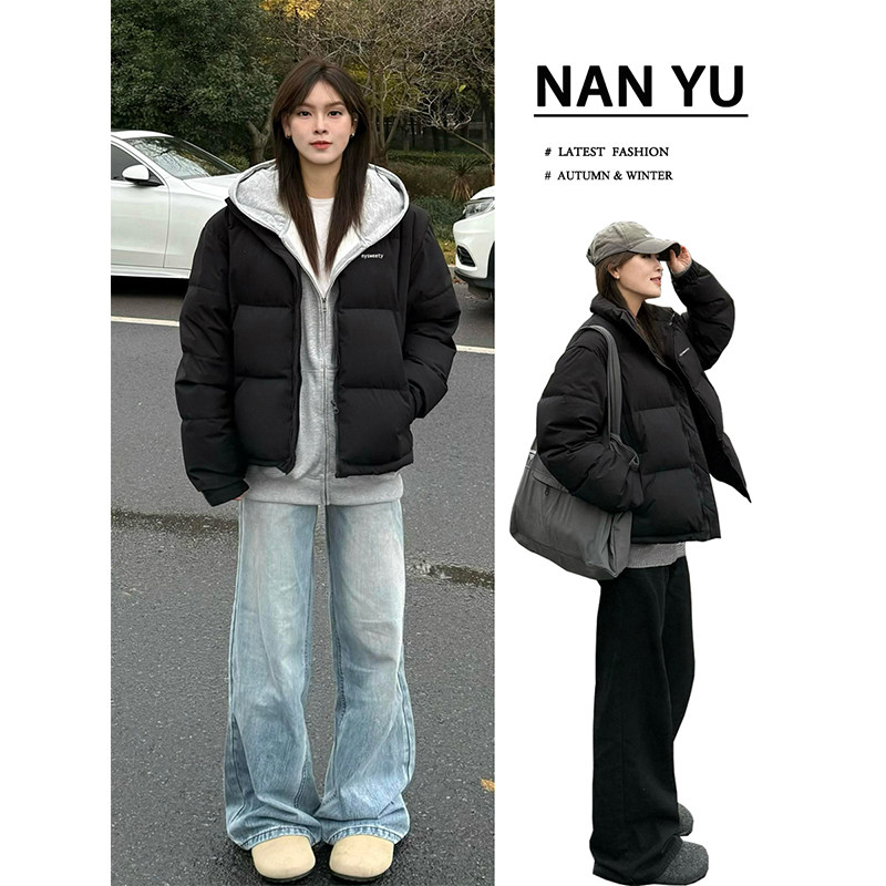 黑色短款羽绒服女小个子2024冬新款立领白鸭绒面包服加厚学生外套