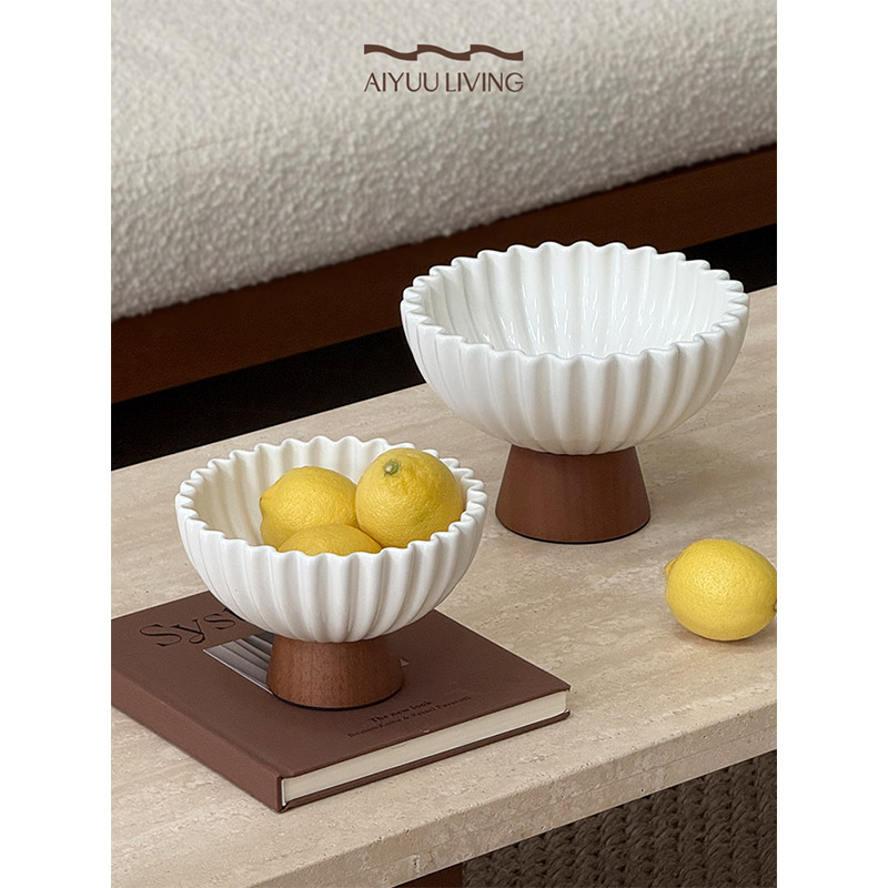 木脚白陶瓷果碗果盘中古风摆件