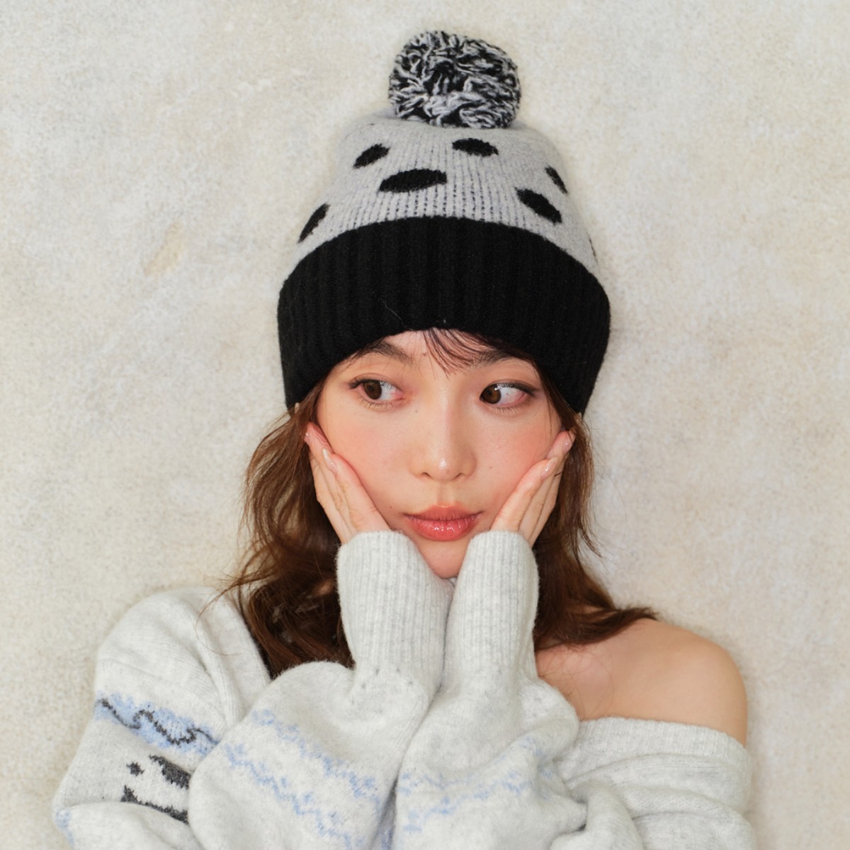 韩国ins波点毛球拼色针织帽子女秋冬保暖护耳可爱包头帽毛线帽子