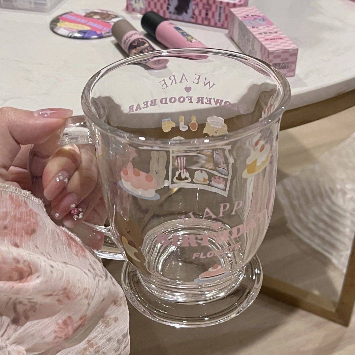 可爱小熊蛋糕玻璃杯家用设计高颜值ins风卡通大容量杯子