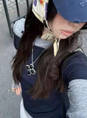 黑色四叶花瓣吊坠十字架项链毛衣链简约气质高级感锁骨链百搭