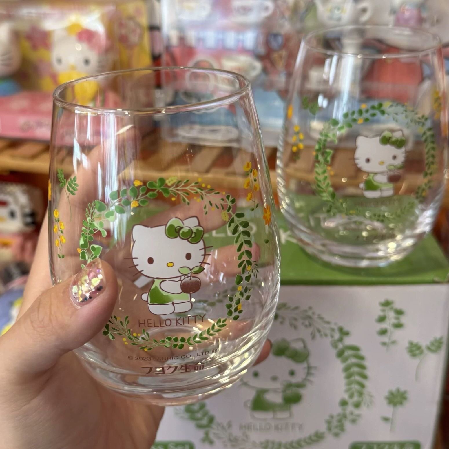 中古hellokitty玻璃杯昭和时期烟花印花水杯咖啡杯果汁杯可爱杯子