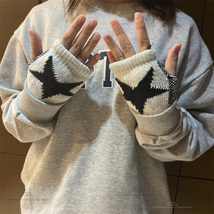五角星星提花半指手套秋冬保暖撞色露指男女款手袜袖套针织毛线