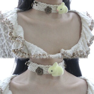 清脆小溪原创*嗅花香小兔*花花音符植绒兔棉布花边可爱choker项圈