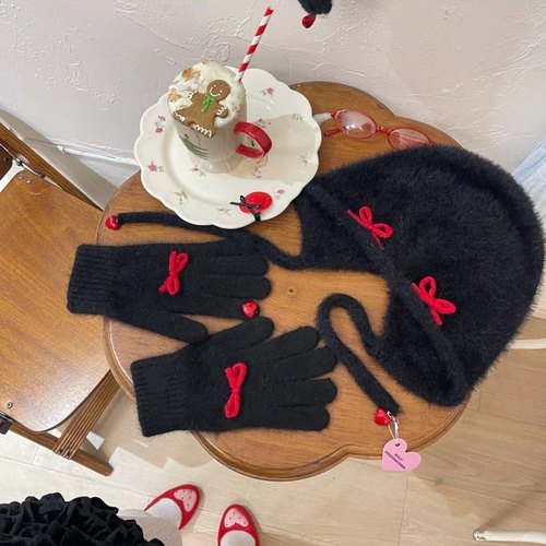 秋冬小众洋气毛绒黑色红蝴蝶结保暖甜酷辣妹百搭手套y2k帽子礼物