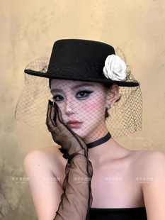 法式平顶赫本礼帽英伦宫廷复古晚礼服网纱影楼旅拍优雅拍照纱帽