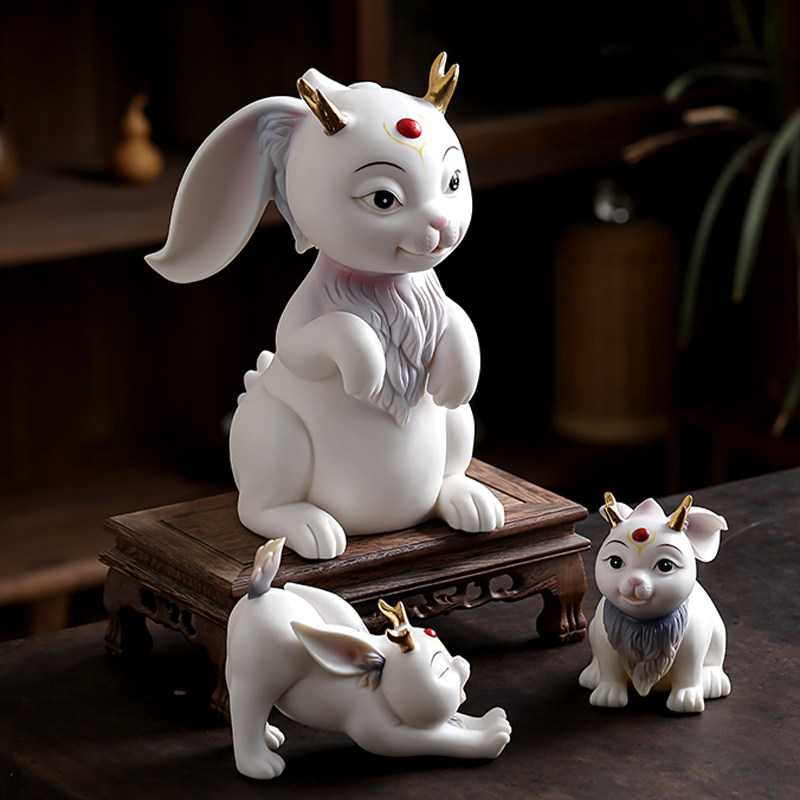 辉道 白瓷手彩兔子摆件十二生肖兔摆件家居饰品办公客厅装饰礼品