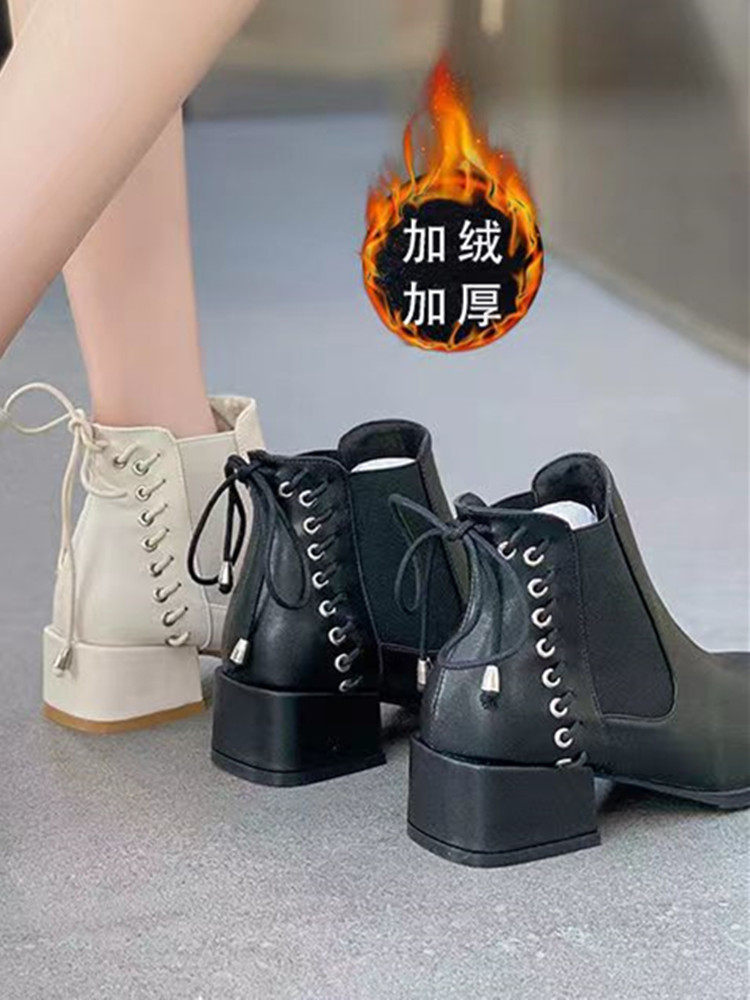 BOOTS GIRLS CHELSEA BOOTS HEEL HEELS 2023 NEW SPRING AND AUTUMN ROUND TOE SINGLE BOOTS NON-SLIP BOOTS WINTER FLEECE